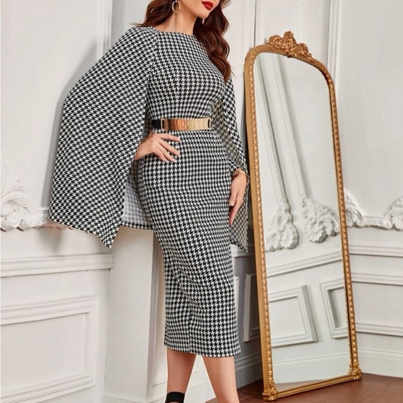 Dresses & Skirts - Modely Houndstooth Cloak Sleeve Slit Back Dress